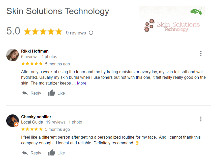Image of Google Reviews for the Skin Solutions Technology website